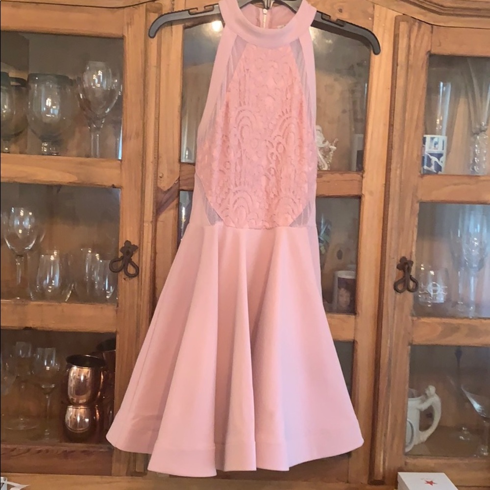 pink halter fit and flare dress